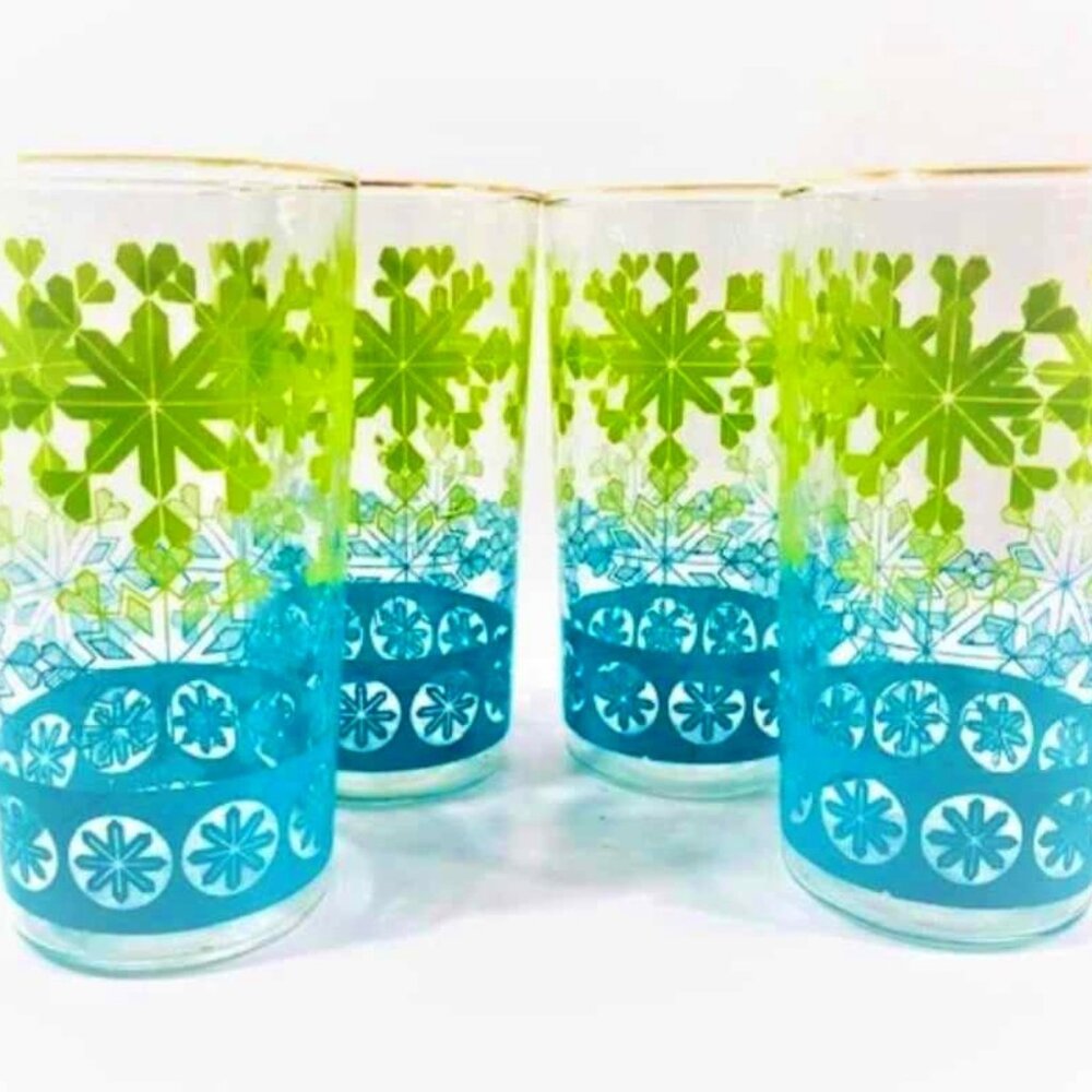 Anchor Hocking Vintage Chartreuse and Aqua Snowflake Glasses (Set of 4)